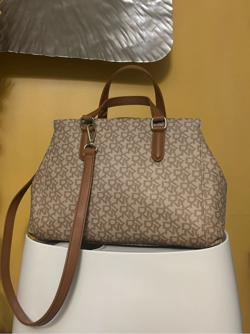 DKNY Beige Logo Satchel with Brown Trim and Gold Hardware